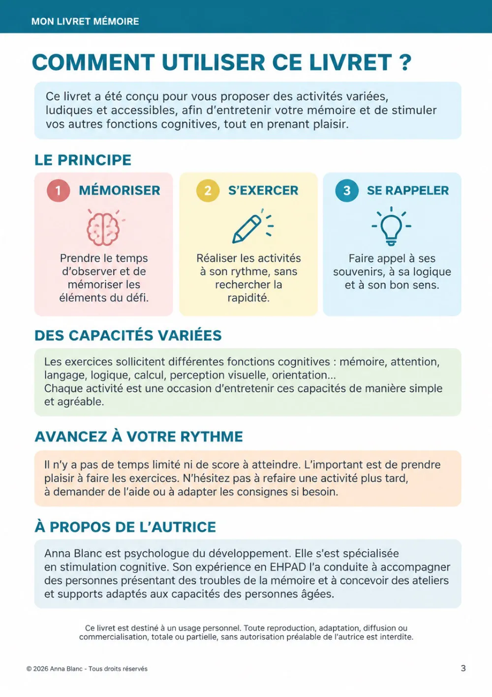 Page « Comment utiliser ce livret ? » expliquant le principe Mémoriser, S'exercer, Se rappeler