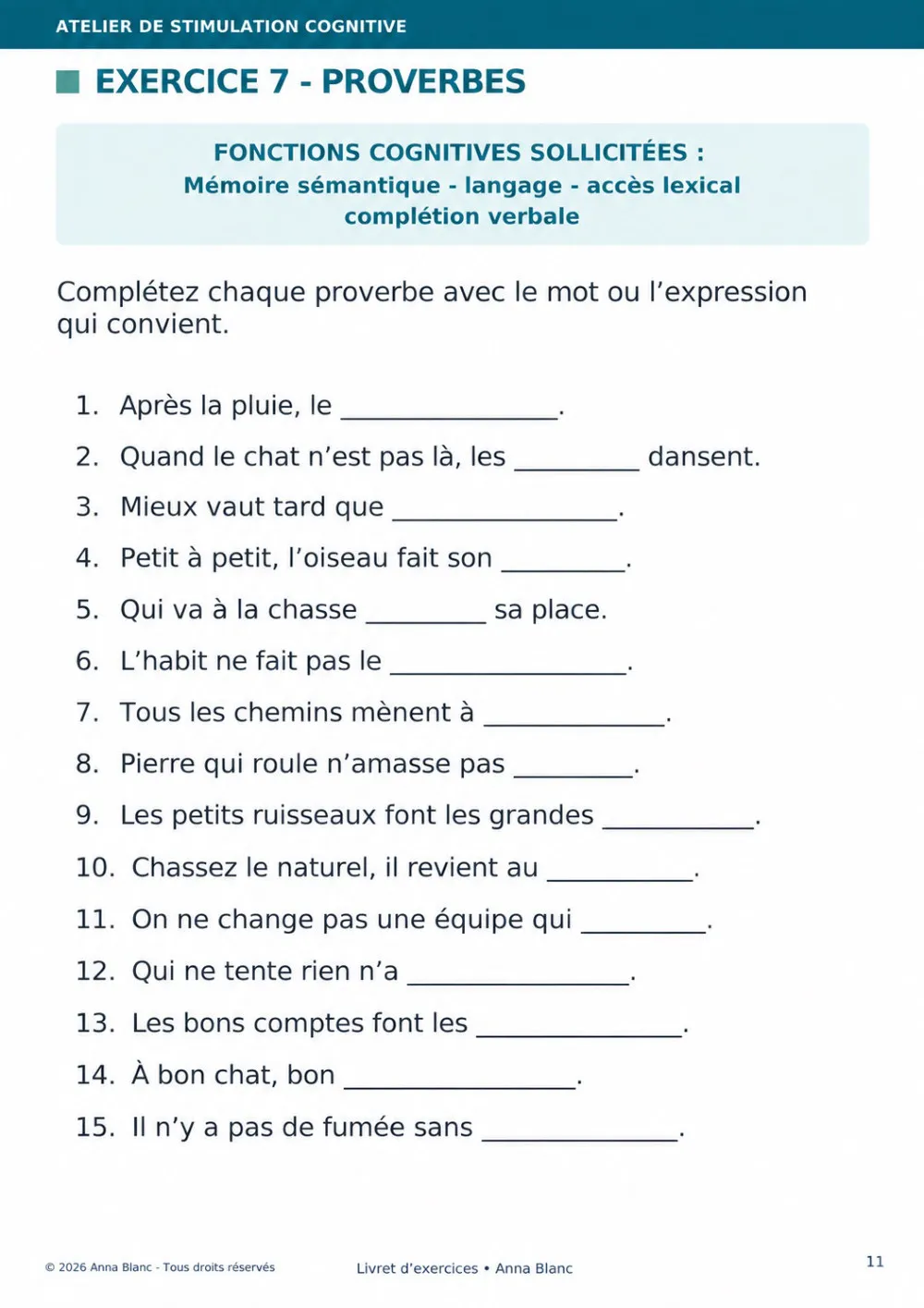 Exercice « Proverbes » où il faut compléter des proverbes connus