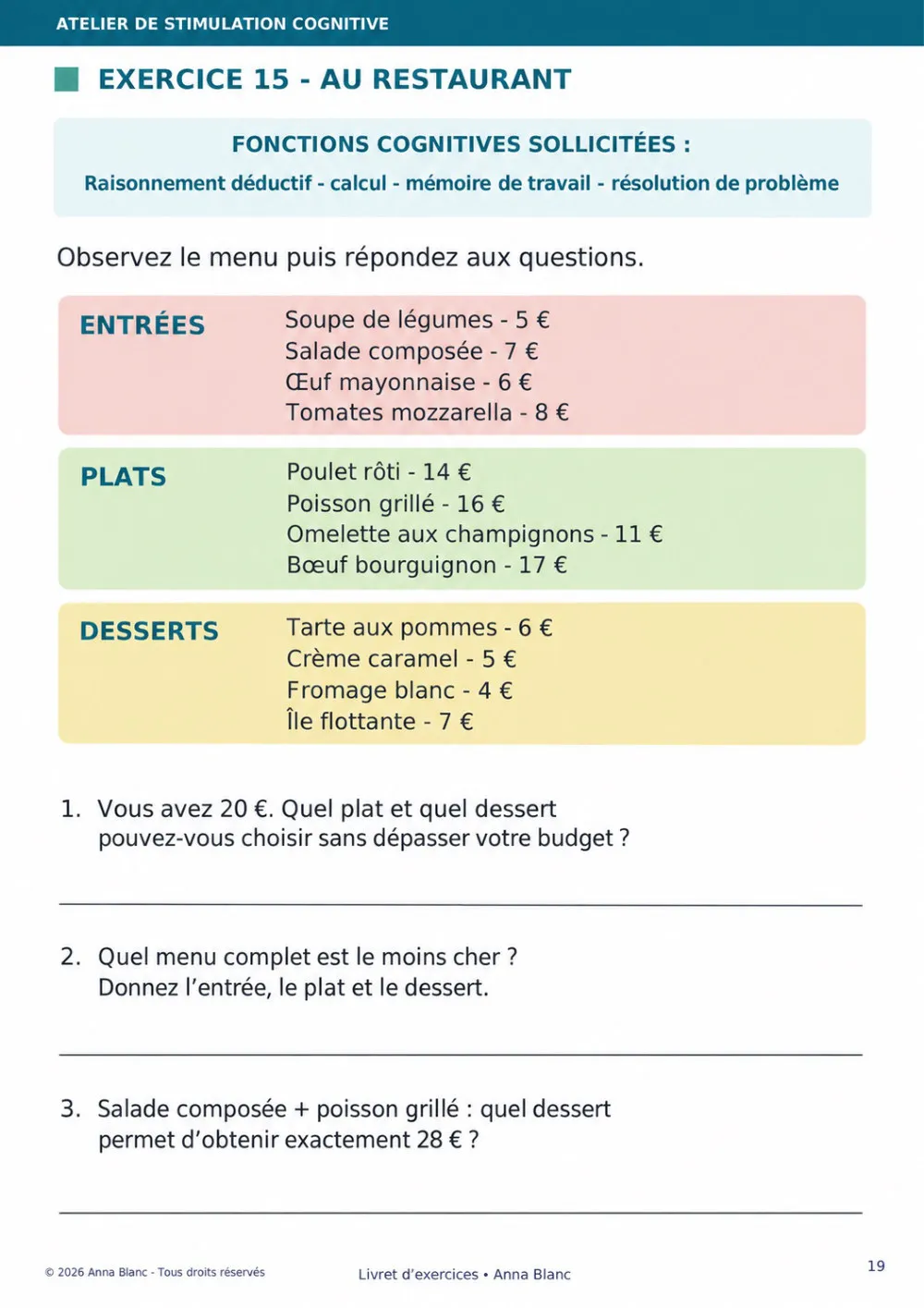 Exercice « Au restaurant » avec un menu et des questions de calcul et de raisonnement